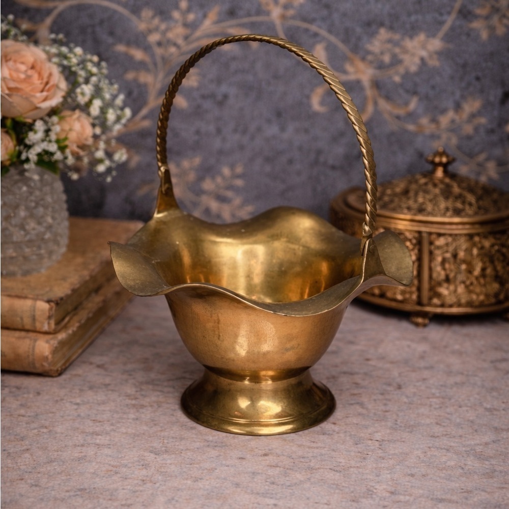 Vintage Brass Ruffled Basket Bowl Twisted Handle Made in India